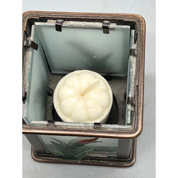 bronze metal and frosted glass candle holder metal plants on each side 4" READ - Picture 3 of 6